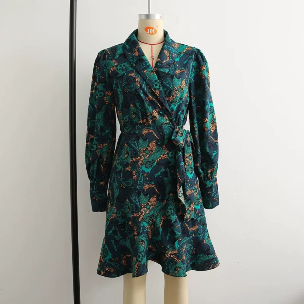 Long Sleeve Printed Satin Wrap Dress